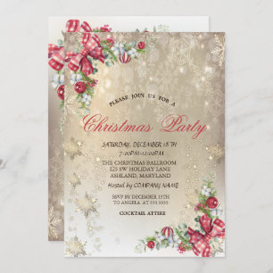 Pine Tree Branches Snowflakes Gold Party  Invitation