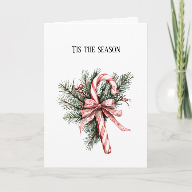 Pine Tree Candy Cane Red Christmas Card (Front)