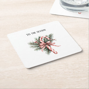 Pine Tree Candy Cane Red Christmas Square Paper Coaster