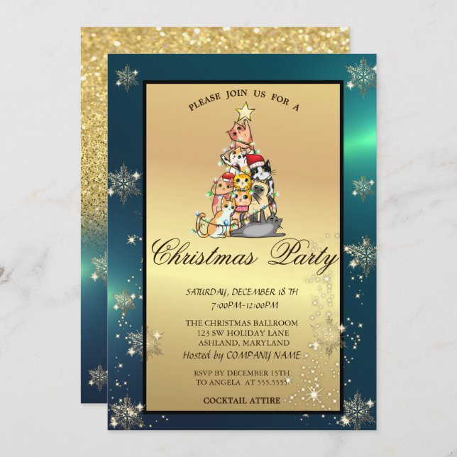 Pine Tree,Cats,Snowflakes Company Party  Invitation (Front/Back)
