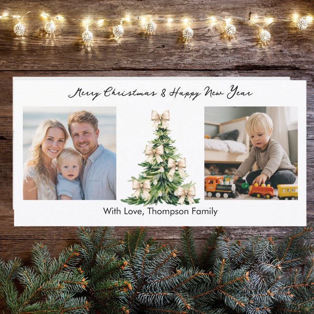 Pine Tree Elegant Bow Photo Elegant Christmas Holiday Card (Creator Uploaded)
