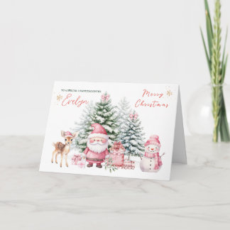 Pine Tree Fawn Santa Granddaughter Christmas Card