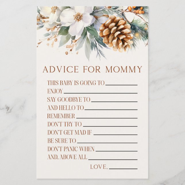 Pine Tree Floral Advice Baby Shower Game Activity (Front)