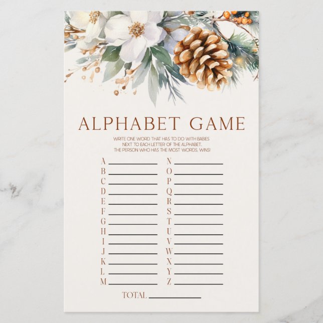 Pine Tree Floral Alphabet Baby Shower Game (Front)