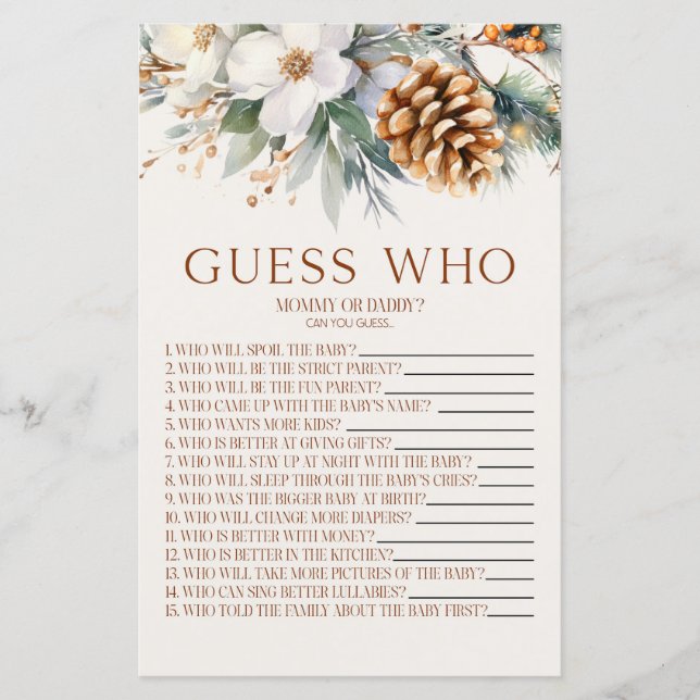 Pine Tree Floral Guess Who Baby Shower Game (Front)