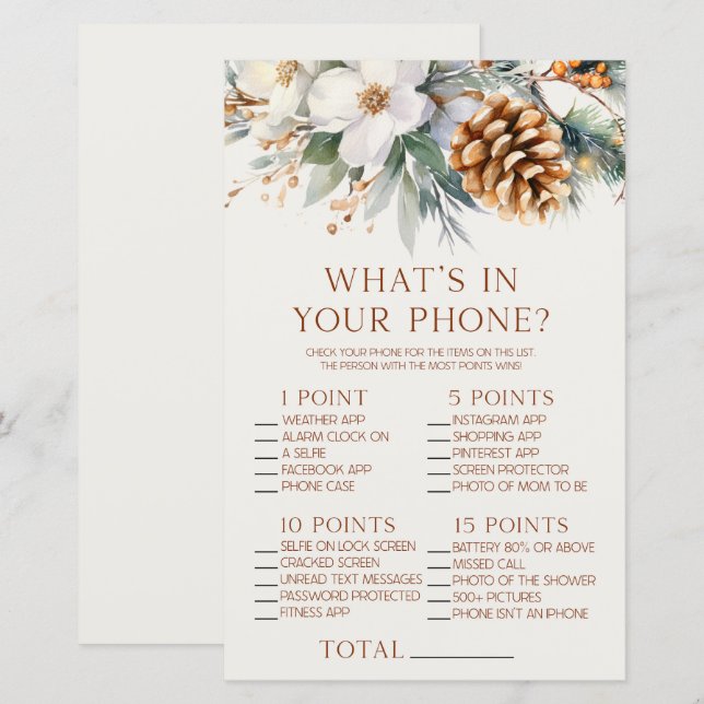 Pine Tree Floral In Your Phone Baby Shower Game (Front/Back)