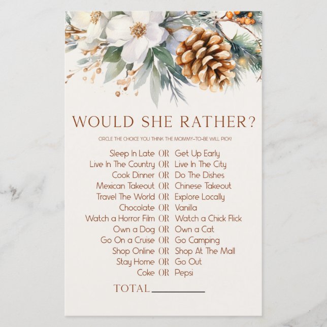 Pine Tree Floral Would She Rather Baby Shower Game (Front)