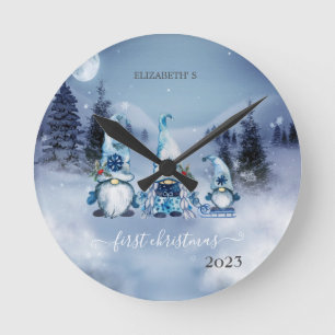 Pine Tree Fores,Blue Gnomes Holiday Round Clock