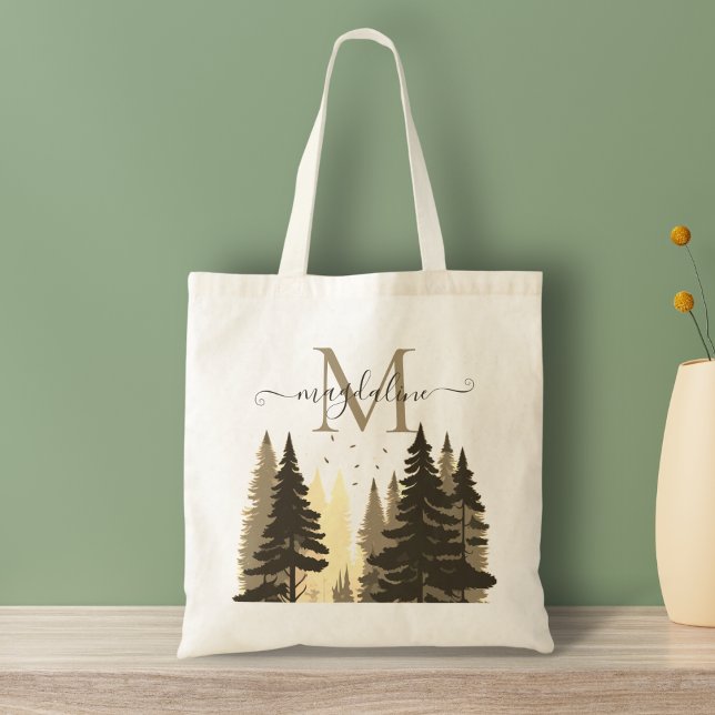 Pine Tree Forest Beige Script Name Monogram Tote Bag (Creator Uploaded)