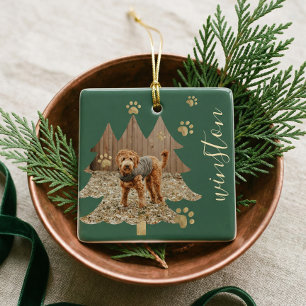 Pine Tree Forest Custom Pet Photo & Name Paw Print Ceramic Ornament