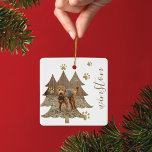 Pine Tree Forest Custom Pet Photo & Name Paw Print Ceramic Ornament<br><div class="desc">Modern pet photo holiday ornament. Our design features a fun pine tree forest shape for you to add your pet photo. Gold paw prints are added as well as your pet's name. Design by Moodthology Papery</div>