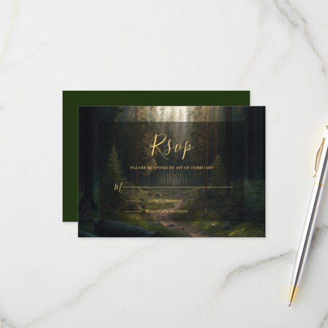 Pine Tree Forest Green Wedding RSVP Card (Front/Back In Situ)