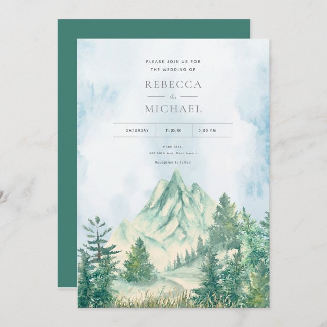 Pine Tree Forest Mountains Watercolor Invitation (Front/Back)