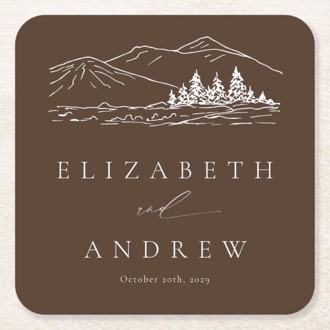 Pine Tree Forest Rustic Mountains Wedding Square Paper Coaster (Front)