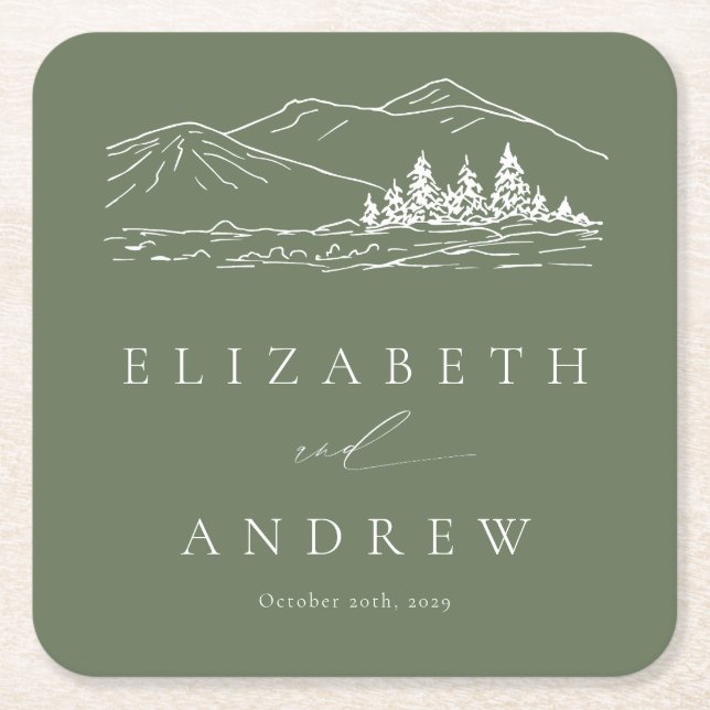 Pine Tree Forest Rustic Mountains Wedding Square Paper Coaster (Front)