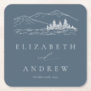 Pine Tree Forest Rustic Mountains Wedding Square Paper Coaster