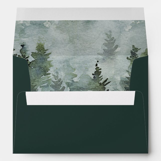 Pine Tree Forest Rustic Watercolor Themed Wedding Envelope (Back (Bottom))