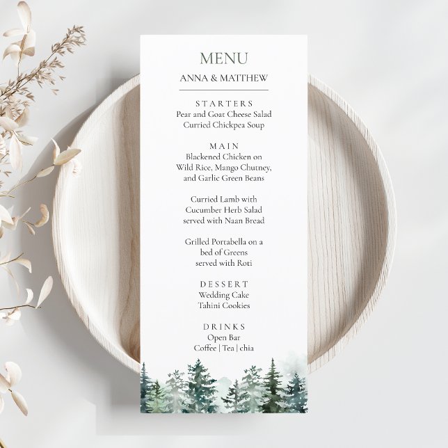 Pine Tree Forest Watercolor Mountains Wedding Menu (Pine Tree Forest Mountains Rustic Wedding Menu)