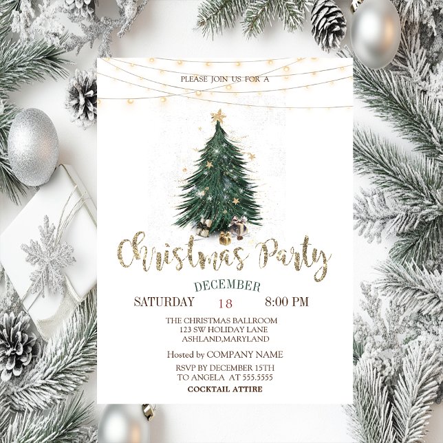 Pine Tree,Gold Stars String Lights Christmas  Invitation (Creator Uploaded)