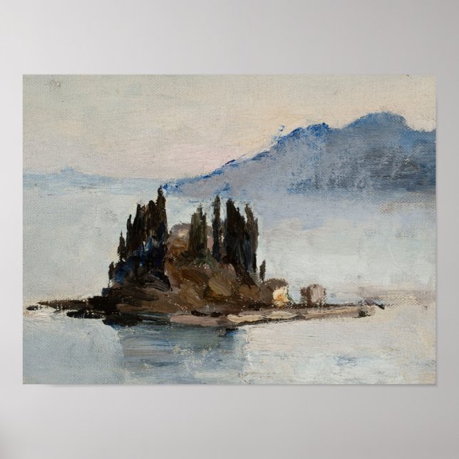Pine tree island in water landscape art print (Front)