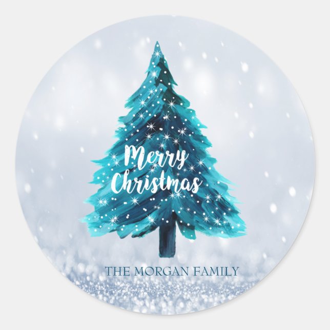 Pine Tree Merry Christmas Blue Holiday Classic Round Sticker (Front)