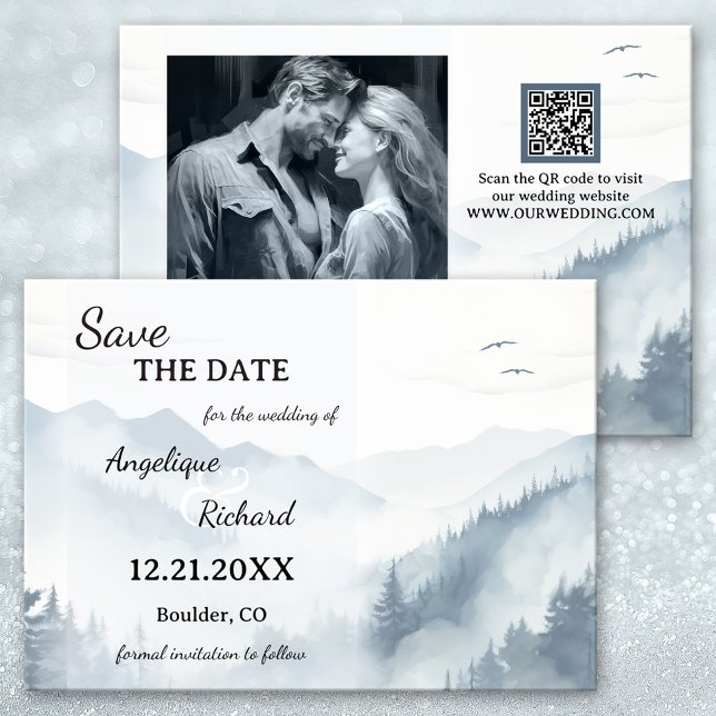 Pine Tree Mountain Winter QR Save the Date Card (Winter Wedding Save the Date Card featuring a watercolor mountain scene with pine tree forest. )