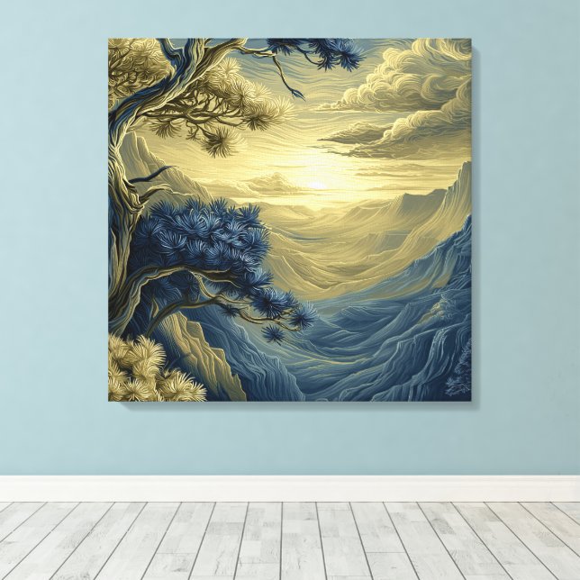 Pine Tree on a Rocky Cliff, Stylised Landscape Canvas Print (Insitu(Wood Floor))