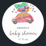 Pine tree on red car Baby shower Classic Round Sticker<br><div class="desc">Gorgeous red car in a watercolor and pencil style carries gifts and a Christmas tree. Celebrate the big day with "Christmas Tree Car". Winter Baby shower. Matching items available.</div>