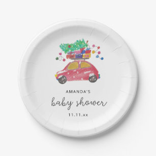 Pine tree on red car Baby shower Paper Plate