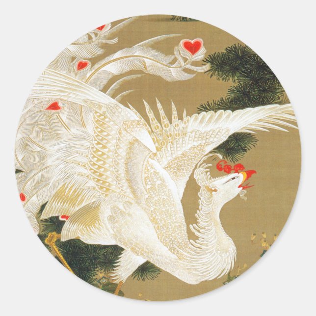 Pine Tree & Phoenix (Love Heart Phoenix), Jakuchu Classic Round Sticker (Front)