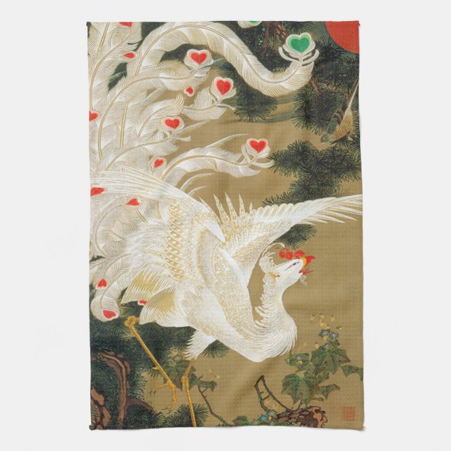 Pine Tree & Phoenix (Love Heart Phoenix), Jakuchu Tea Towel (Vertical)