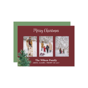 Pine Tree Photo Burgundy Custom Merry Christmas Holiday Card