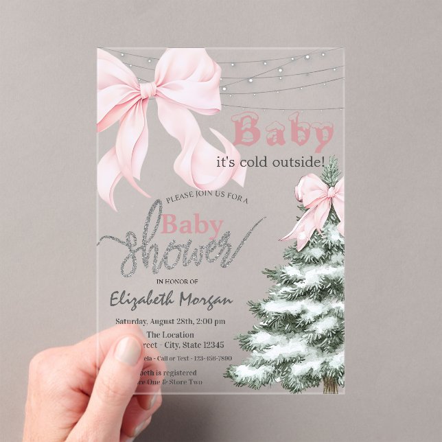  Pine Tree Pink Bow Snowflakes Baby Shower Acrylic Invitations (Insitu (Handheld))