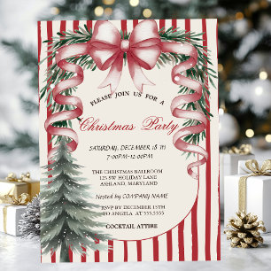 Pine Tree Red Bow Christmas Party Invitation