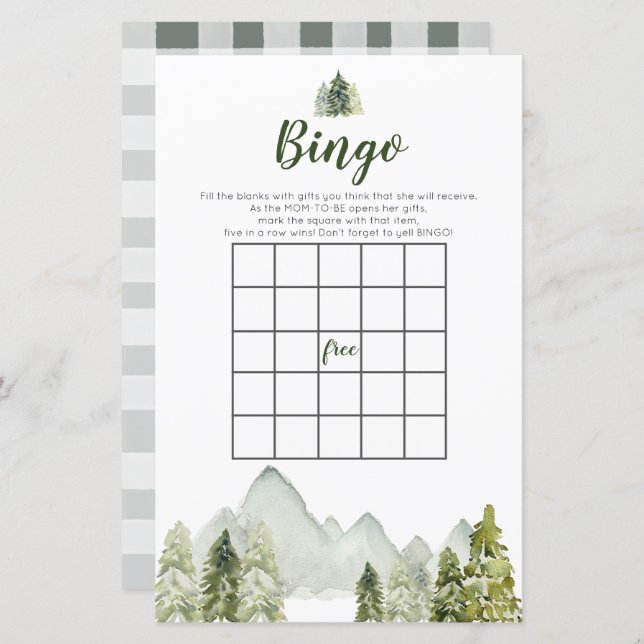 Pine Tree Rustic Adventure Bingo Games Baby Shower (Front/Back)