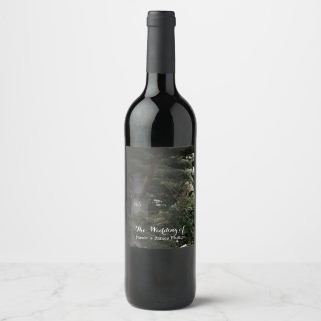 Pine Tree Rustic Forest Woods Wedding Wine Labels (Front)