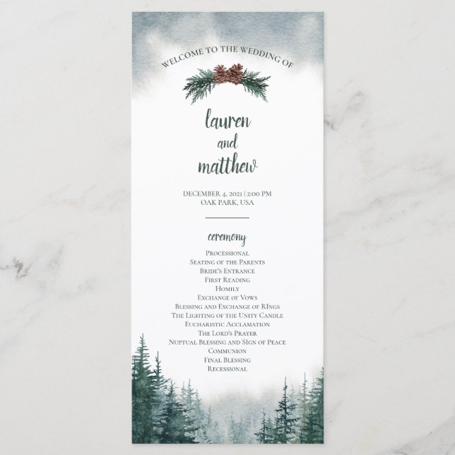 Pine Tree Rustic Wedding Flat Ceremony Program Programme (Front)