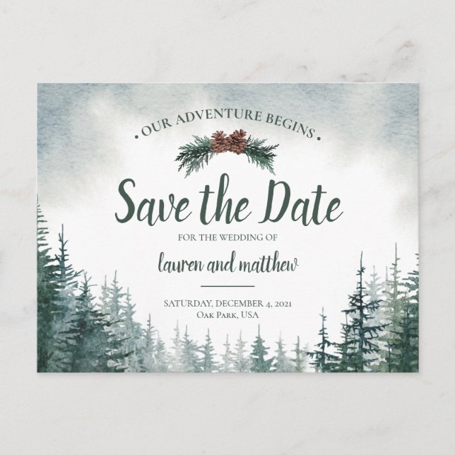 Pine Tree Rustic Wedding Save The Date Postcard (Front)