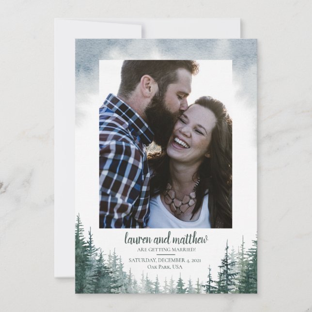 Pine Tree Rustic Wedding Save the Date With Photo (Front)