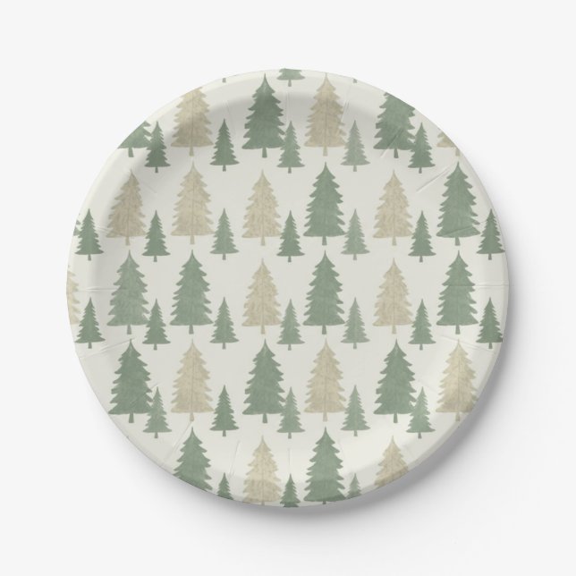 Pine Tree Silhouette Christmas Pattern Paper Plate (Front)