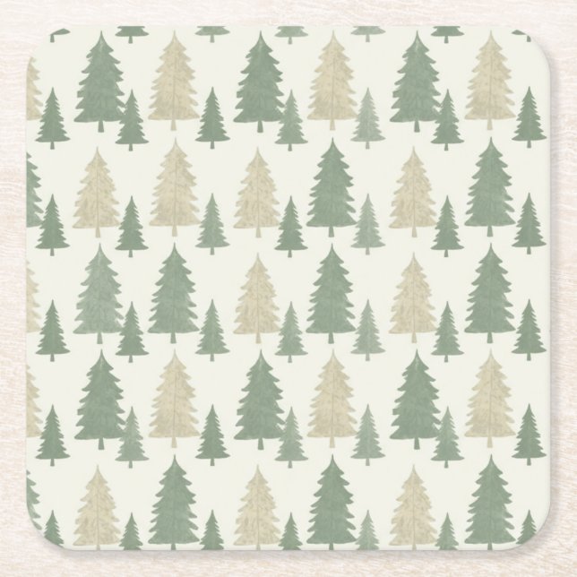 Pine Tree Silhouette Christmas Pattern Square Paper Coaster (Front)