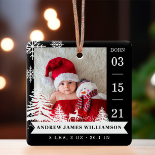 Pine Tree & Snow Baby Birth Stats & Photos Black Ceramic Ornament