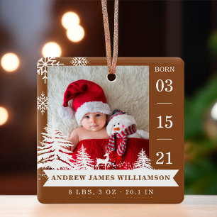 Pine Tree & Snow Baby Birth Stats & Photos Brown Ceramic Ornament