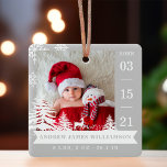 Pine Tree & Snow Baby Birth Stats & Photos Grey Ceramic Ornament<br><div class="desc">New baby birth stats photo Christmas ornament. The design features two photos, one photo on the front and one on the back. Display your new baby's photo. The date of birth is displayed along the side and the baby's name and birth stats along the bottom. A Grey background with white...</div>
