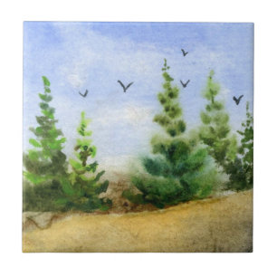 Pine Tree Tile Landscape, pines, hills, crows sum,
