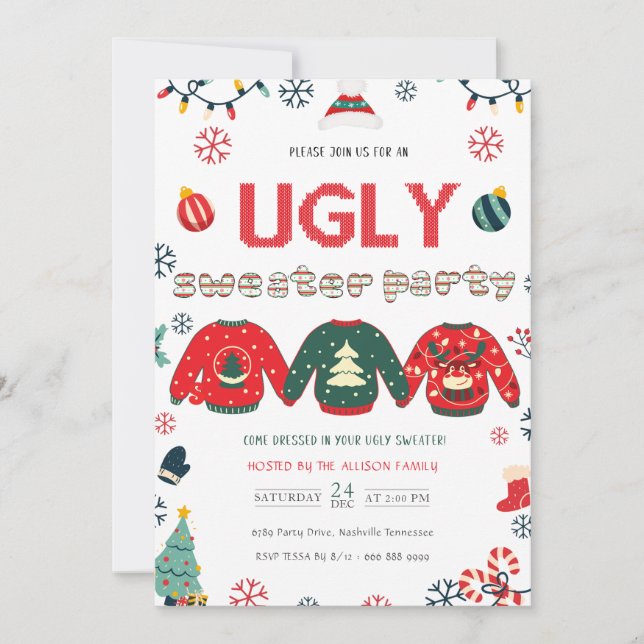 Pine tree Ugly Sweater Christmas Party  Invitation (Front)