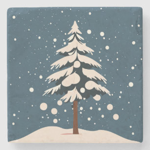 Pine Tree Under Snow Fall Stone Coaster