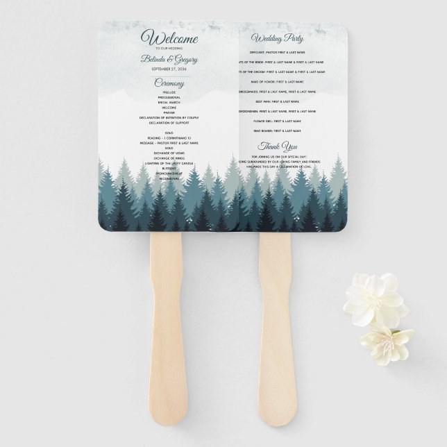Pine Tree Watercolor Forest Wedding Program Hand Fan (Front and Back)