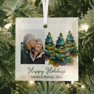 Pine Tree Watercolor Happy Holidays Photo Glass Tree Decoration