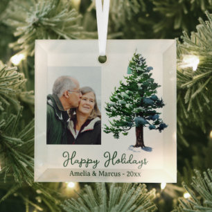 Pine Tree Watercolor Happy Holidays Photo Glass Tree Decoration